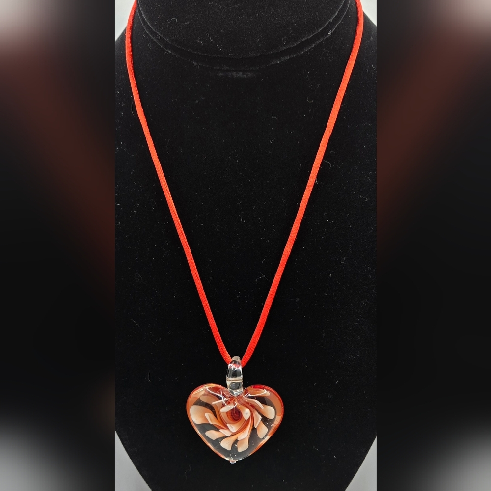 ❤️ 🌼 Vibrant Orange Cord Necklace w/Blown Glass Puffy Heart 16" Plus 1.5" Ext